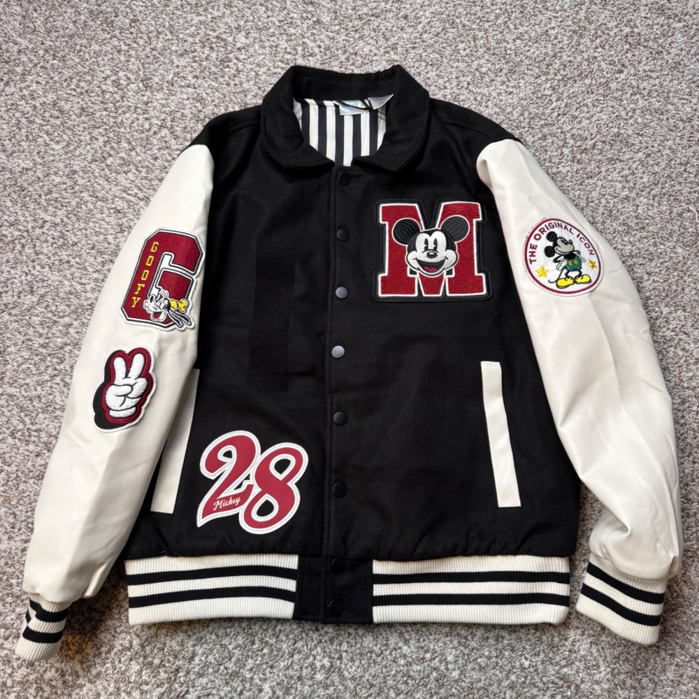 Disney Mickey Mouse Varsity Jacket Black Cream Patches Adult‎ Medium/Large
